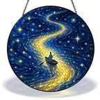 Starry Night rowboat on a river of stars stained glass suncatcher with chain