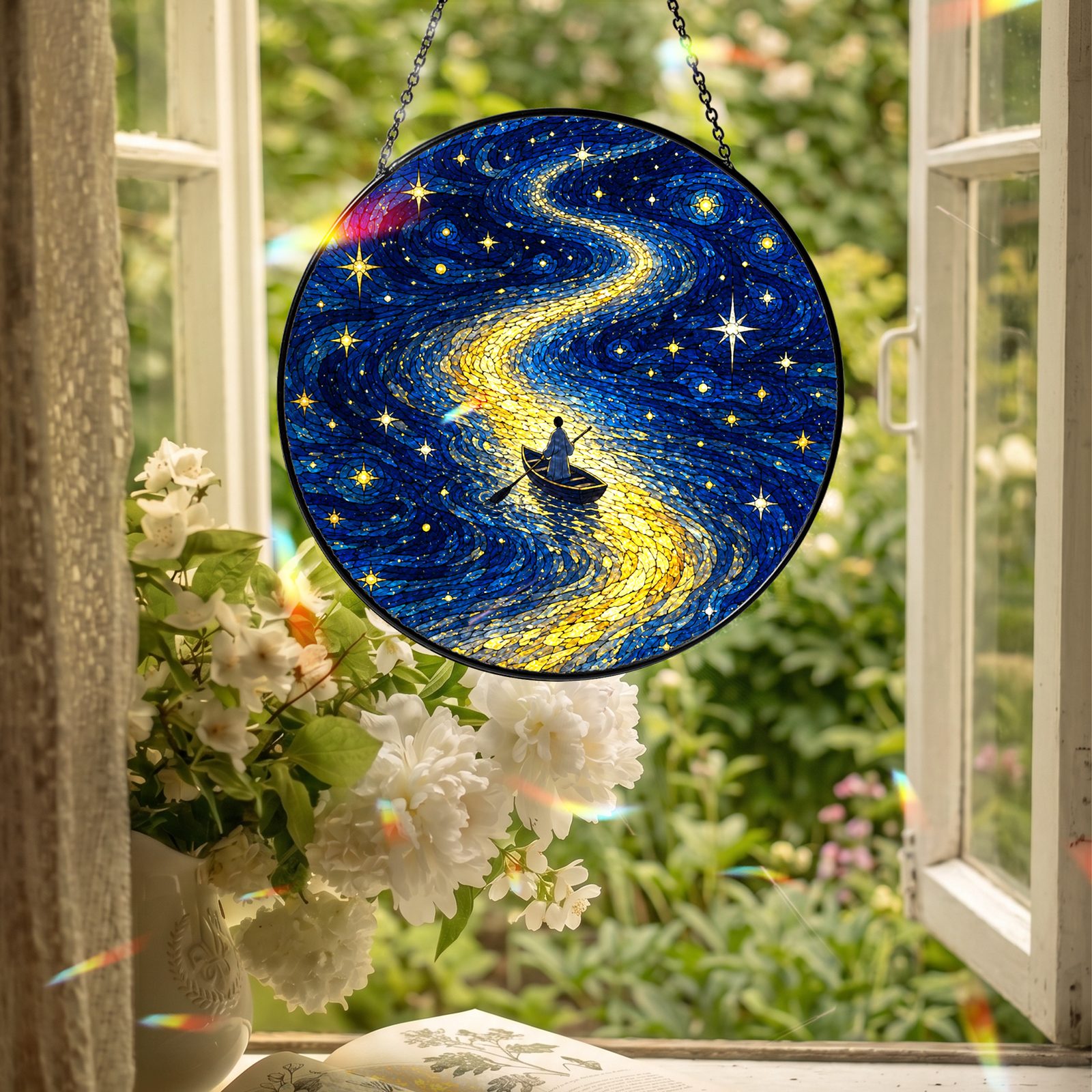 Rowboat suncatcher hanging in an open window