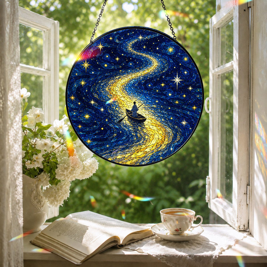 Rowboat suncatcher in a reading nook window