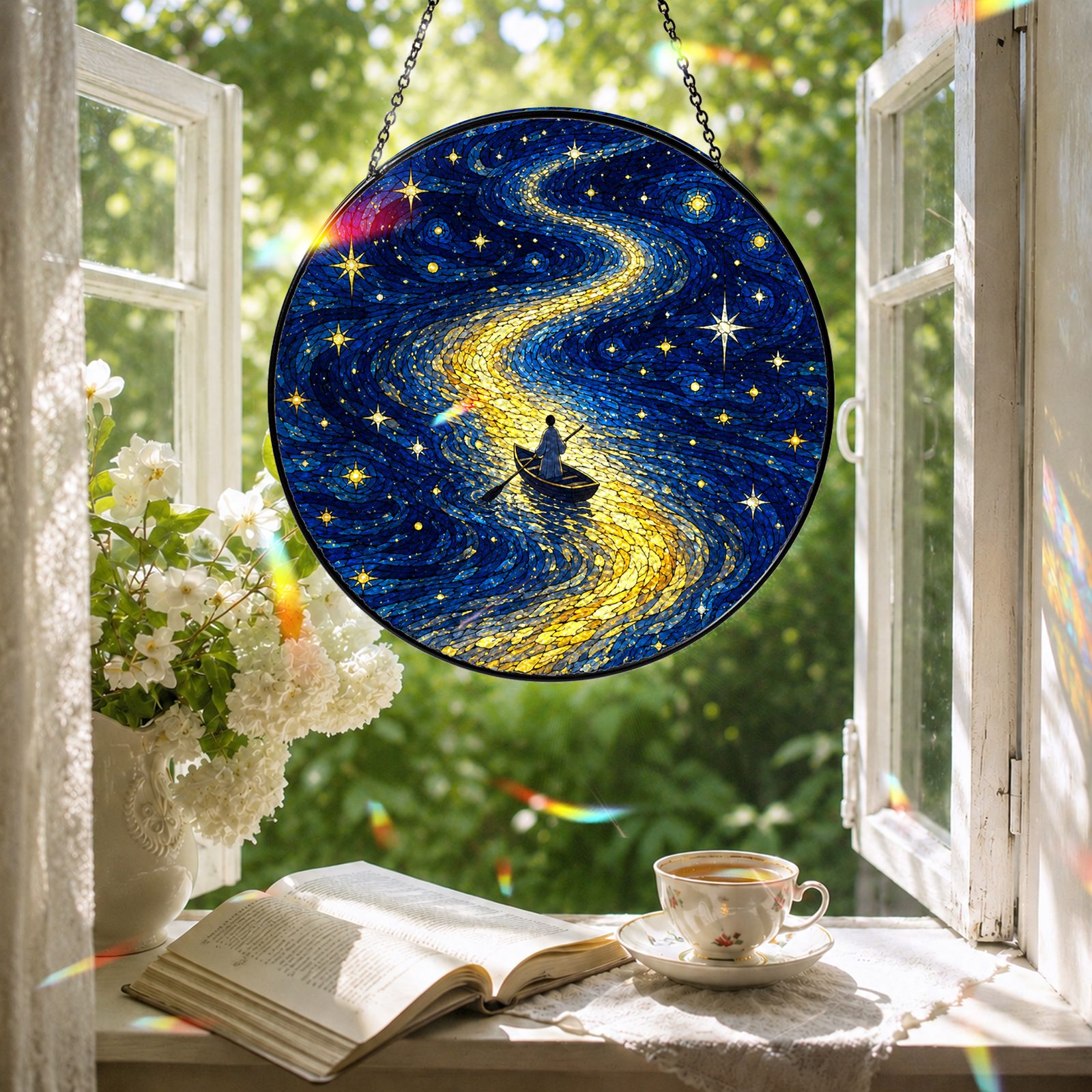 Rowboat suncatcher in a reading nook window