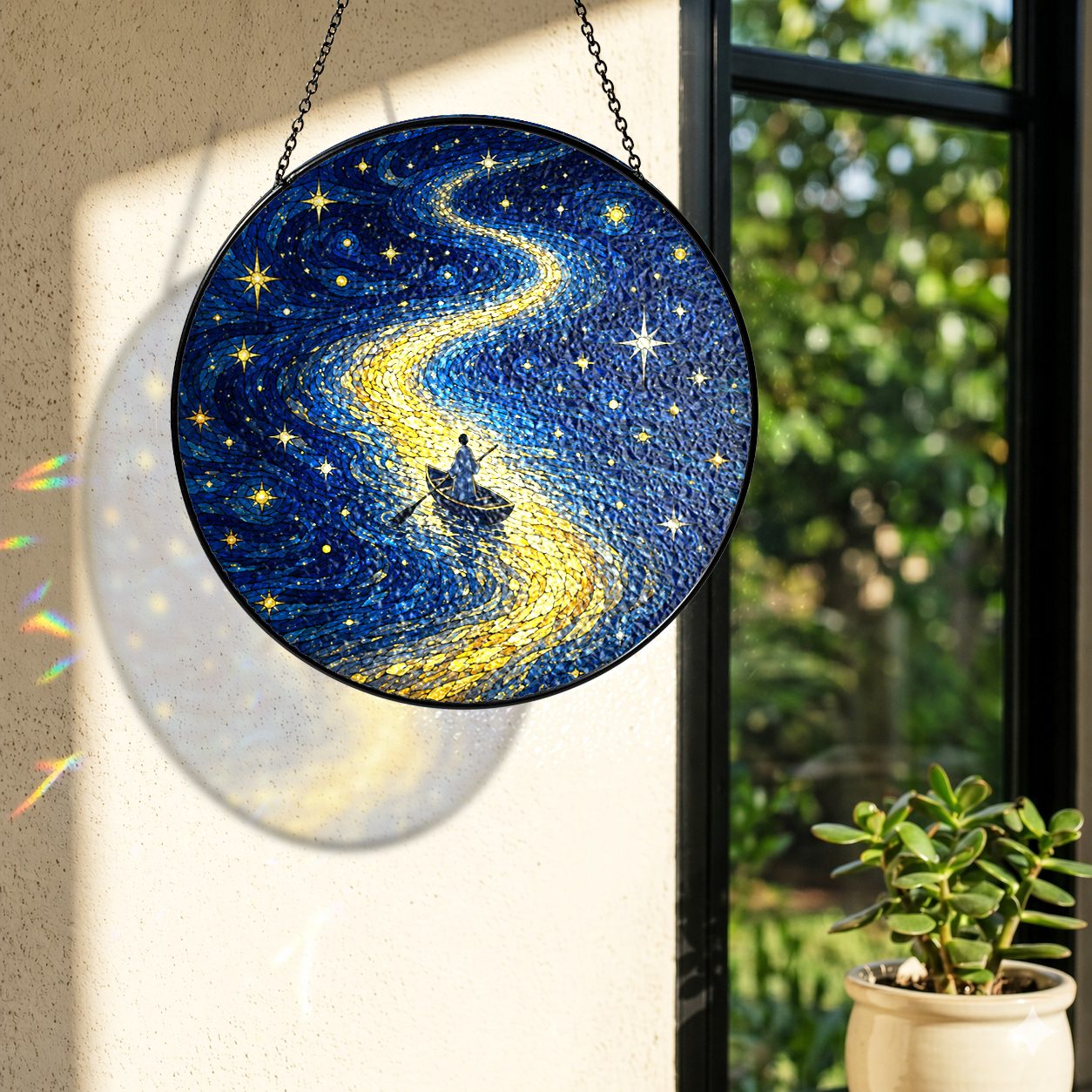 Rainbow light cast by the rowboat stained glass suncatcher