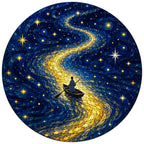 Full artwork of a rowboat on a golden river of stars