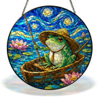 Starry Night fishing frog in a boat stained glass suncatcher with chain