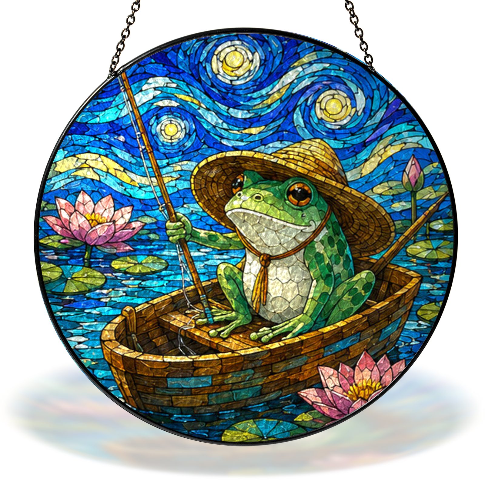 Starry Night fishing frog in a boat stained glass suncatcher with chain