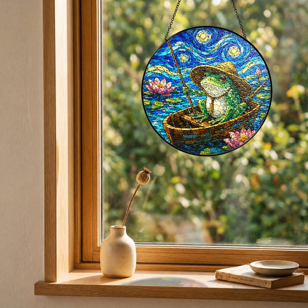 Fishing frog suncatcher on a windowsill