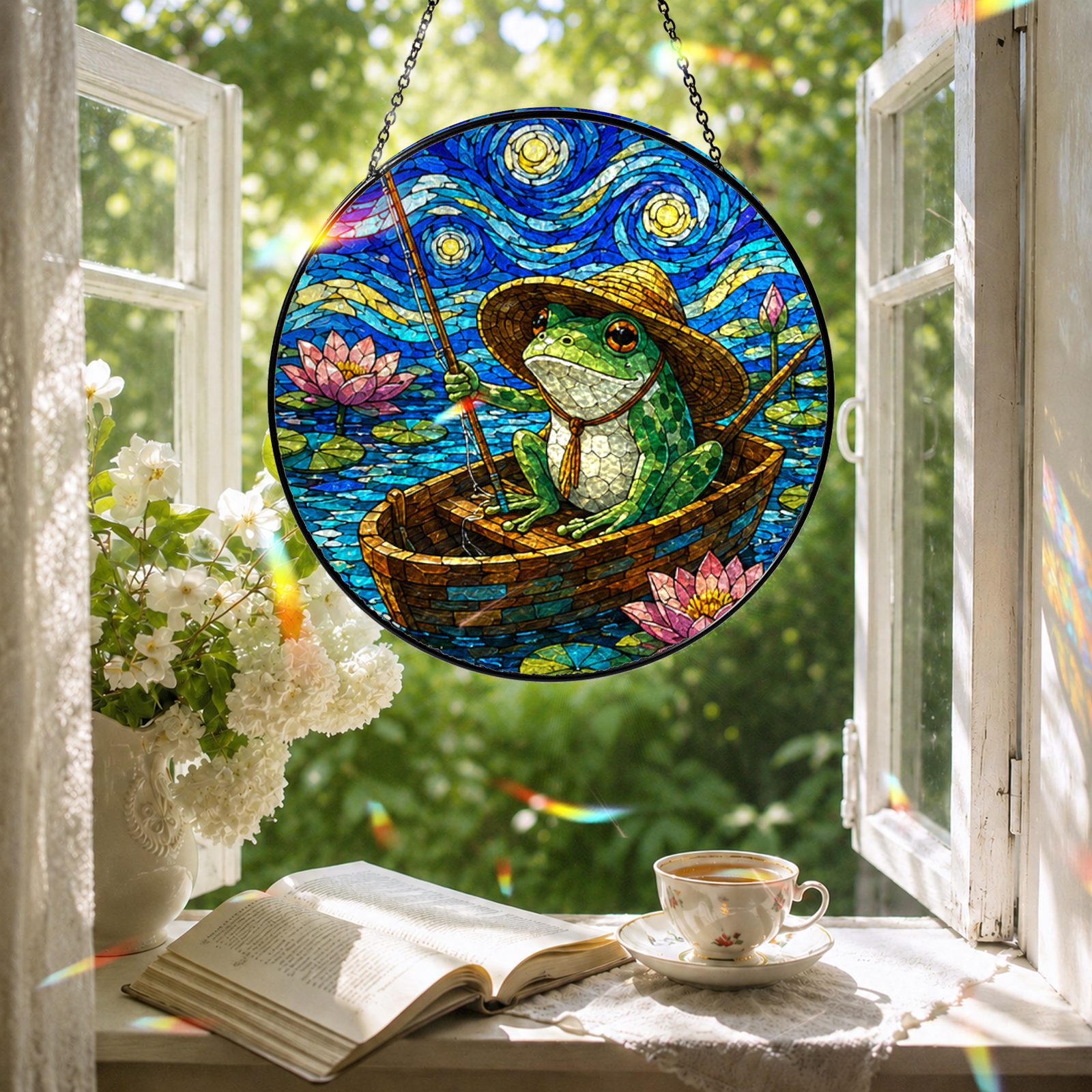 Fishing frog suncatcher in a reading nook window