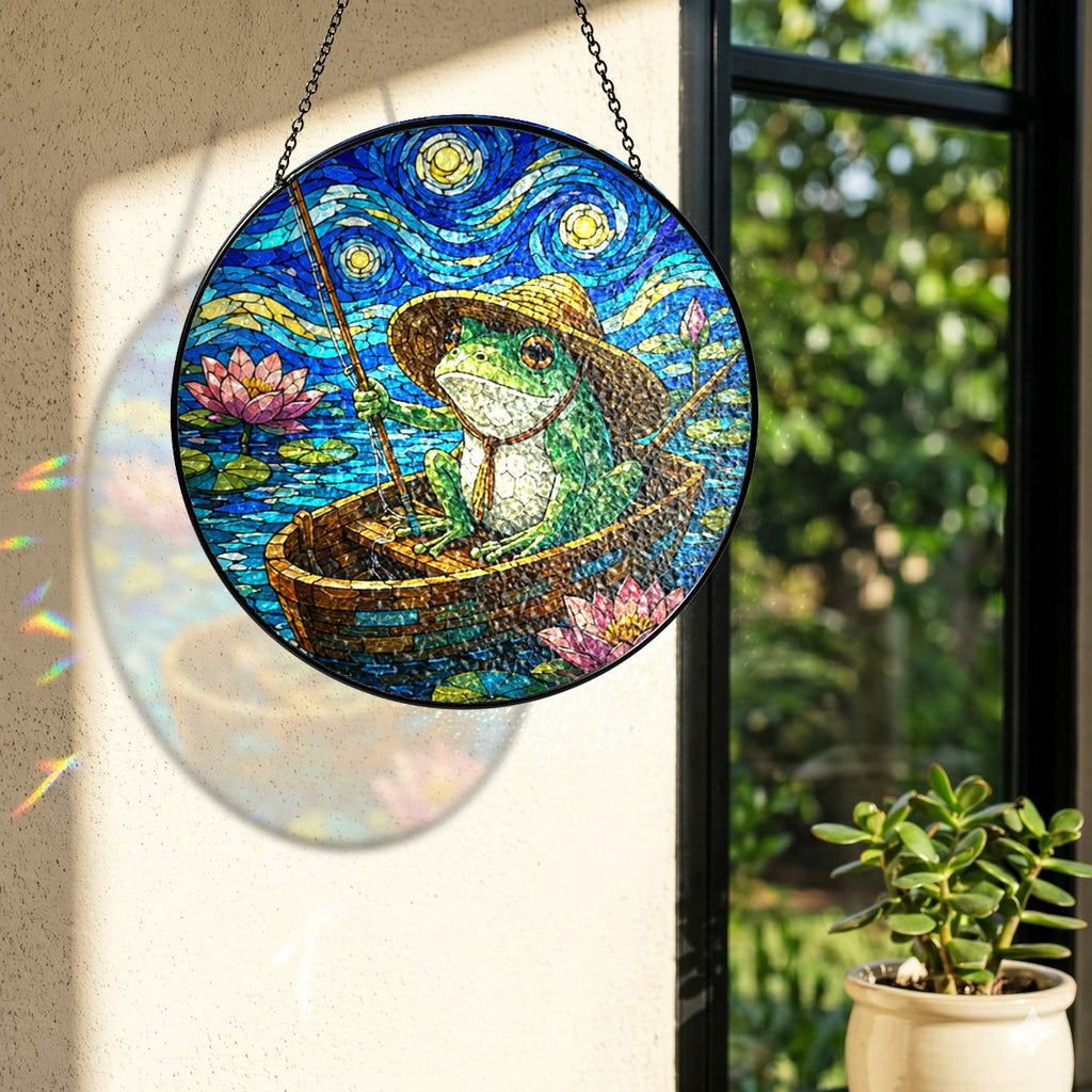 Rainbow light cast by the fishing frog stained glass suncatcher