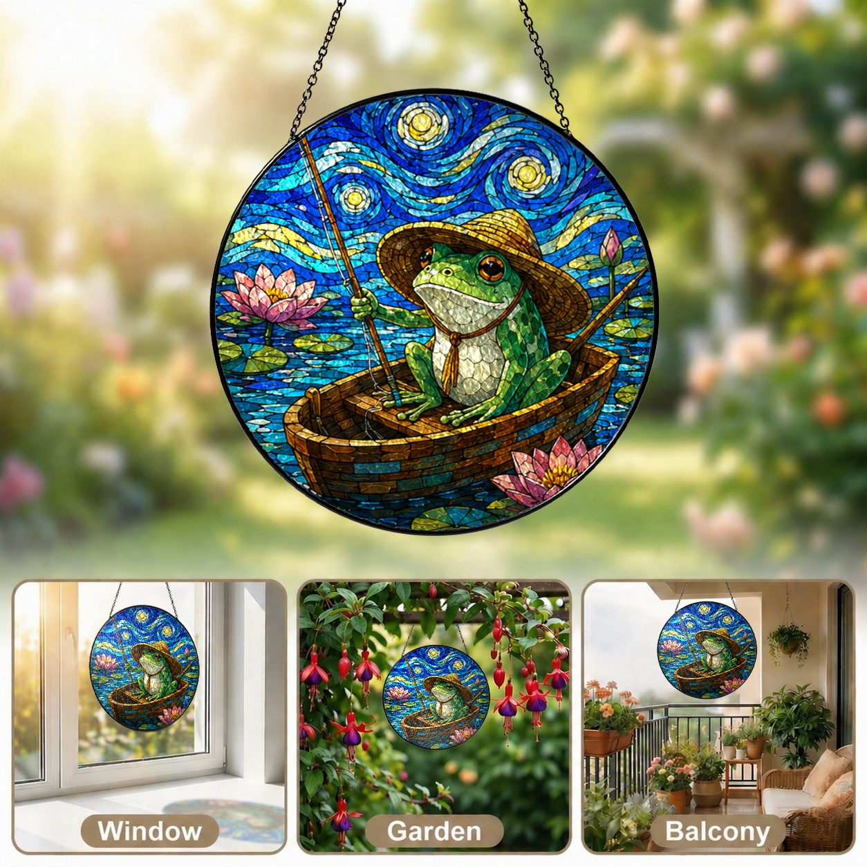 Fishing frog suncatcher in window garden and balcony settings