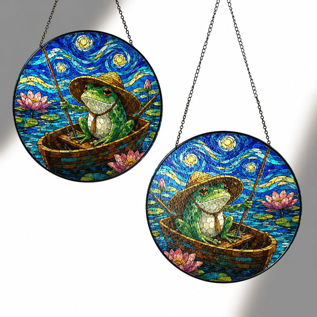 Two sizes of the fishing frog suncatcher side by side