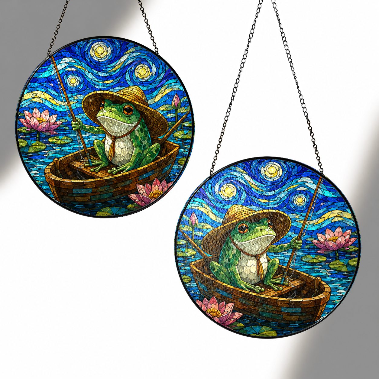 Two sizes of the fishing frog suncatcher side by side