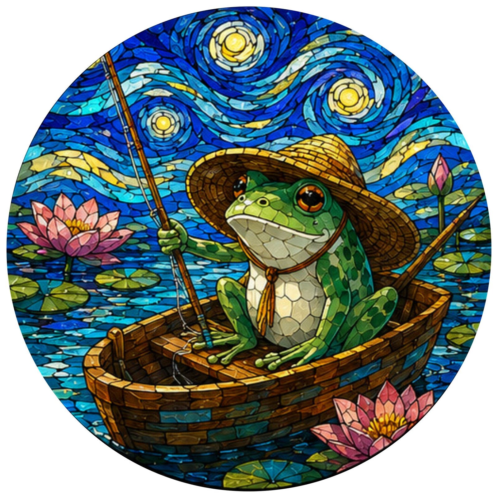 Full artwork of a frog fishing in a boat under a starry sky