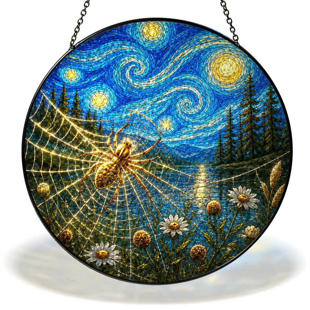 Starry Night spider web with daisies stained glass suncatcher with chain