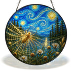 Starry Night spider web with daisies stained glass suncatcher with chain