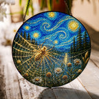Spider web daisy suncatcher on a wooden table in sunlight