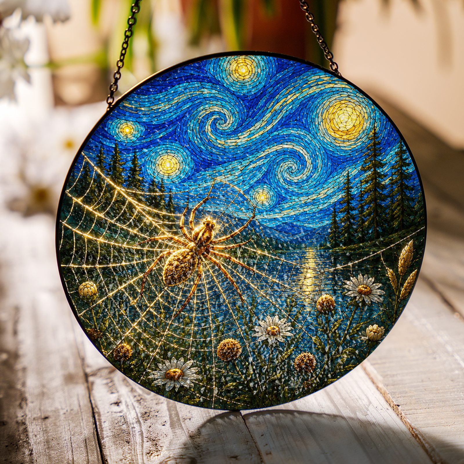 Spider web daisy suncatcher on a wooden table in sunlight