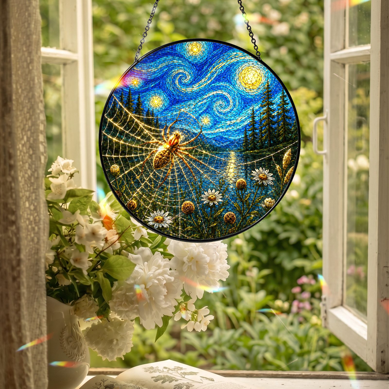 Spider web suncatcher hanging in an open window