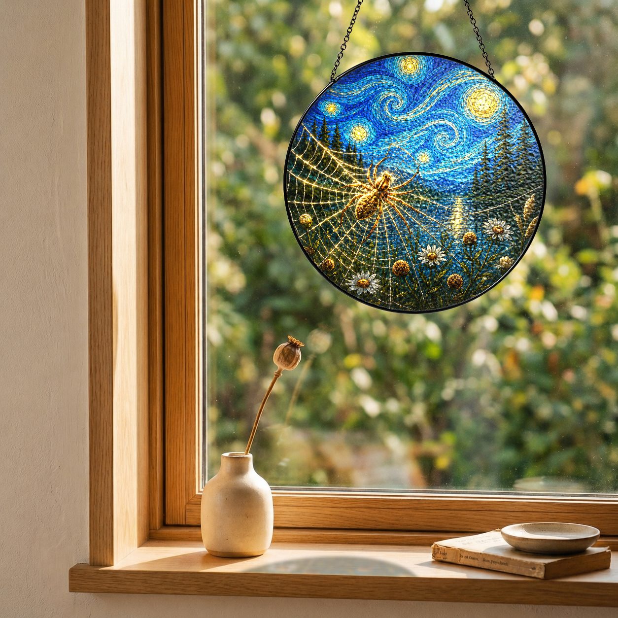 Spider web suncatcher on a windowsill