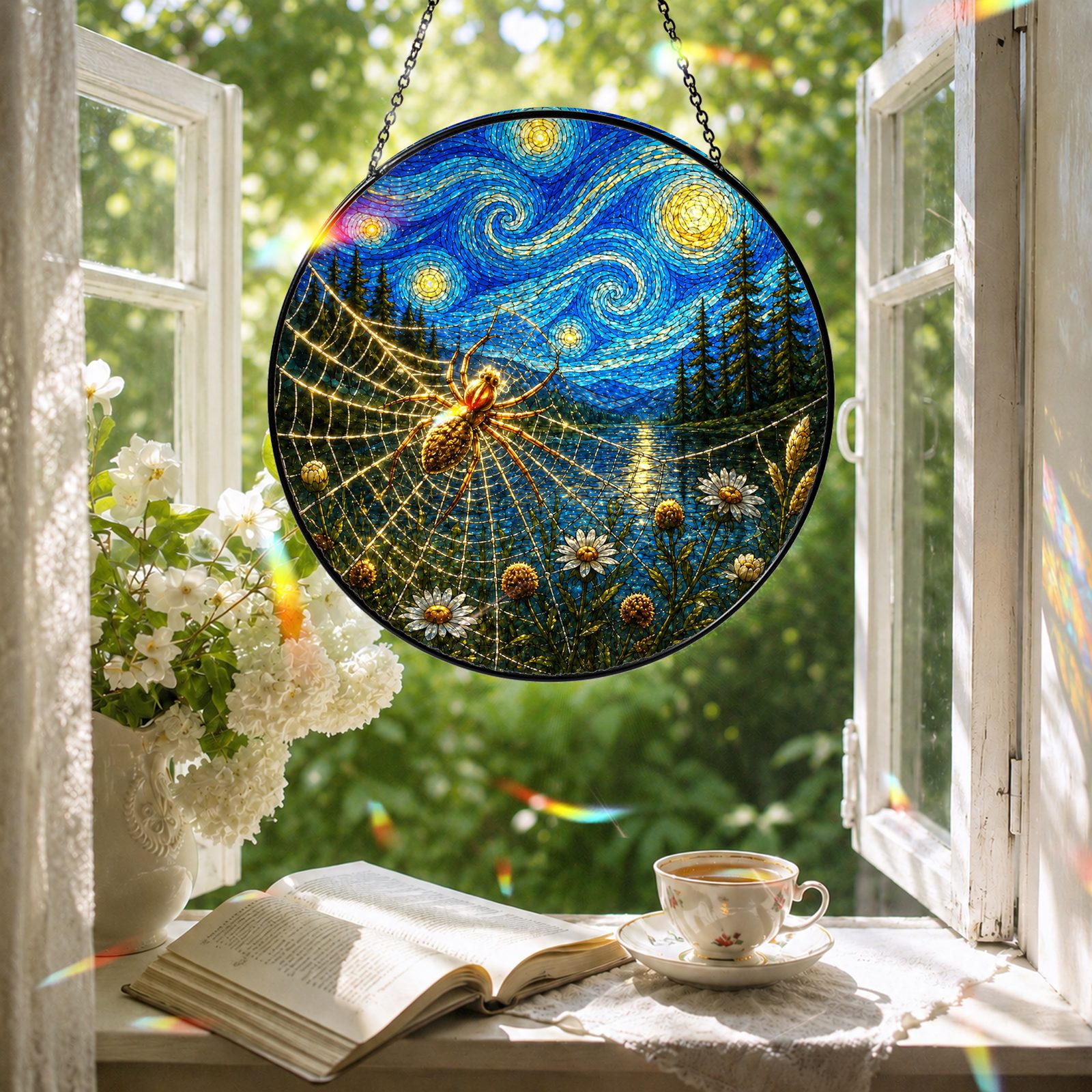 Spider web suncatcher in a reading nook window