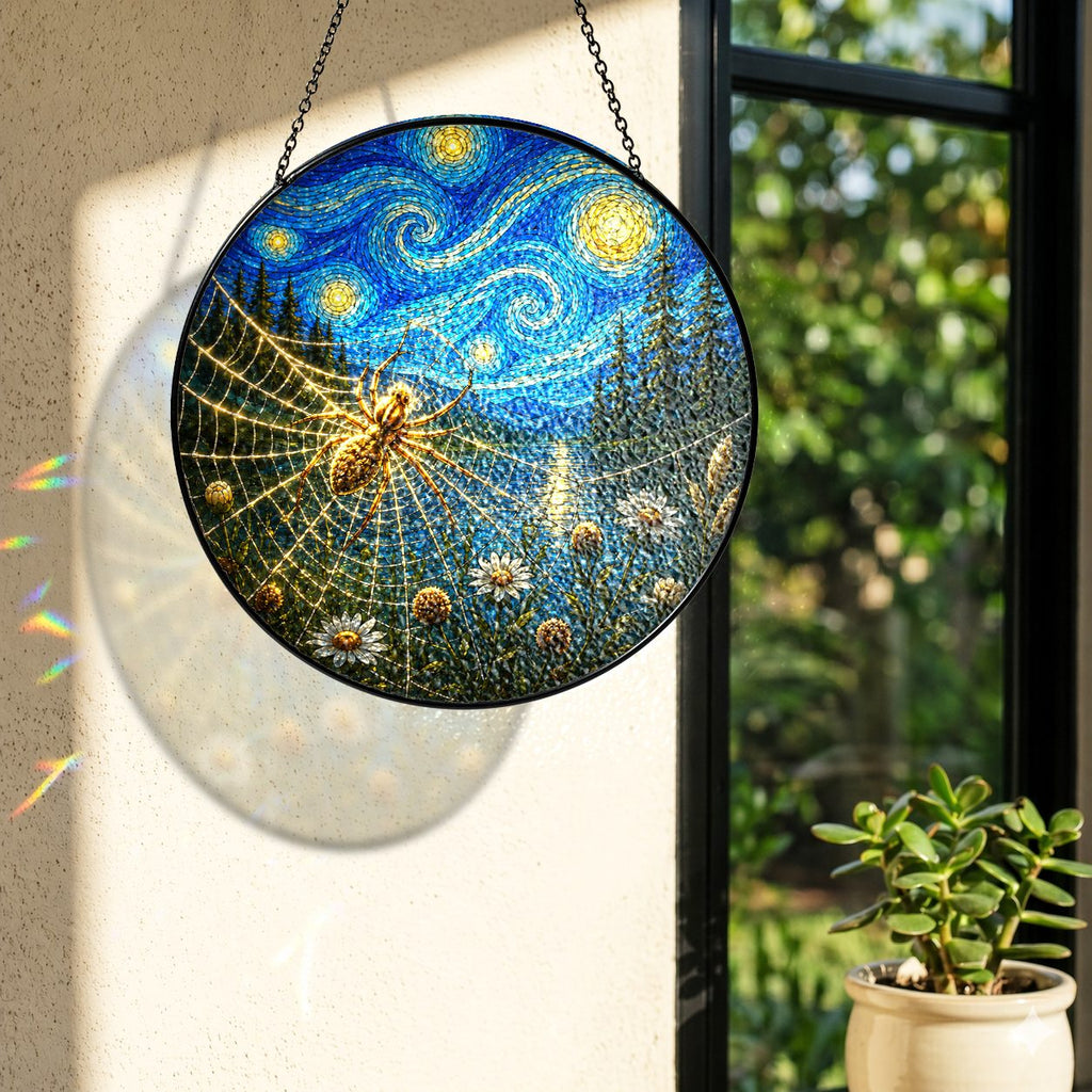 Rainbow light cast by the spider web stained glass suncatcher