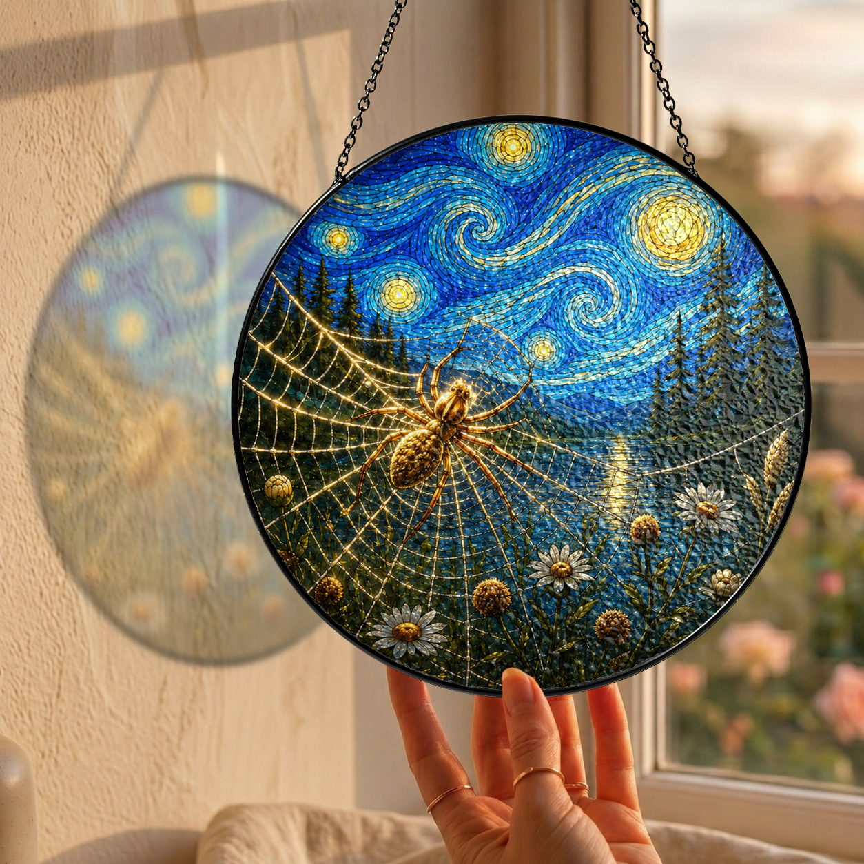 Hand holding the spider web suncatcher at a window