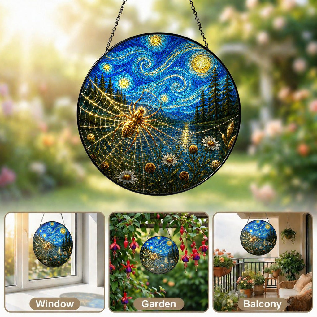 Spider web suncatcher in window garden and balcony settings