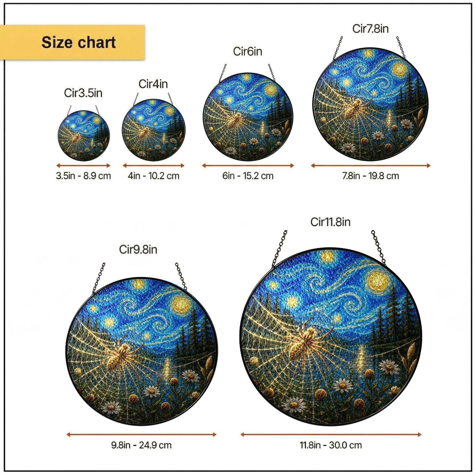 Size chart 6 in 7.8 in 9.8 in 11.8 in suncatcher