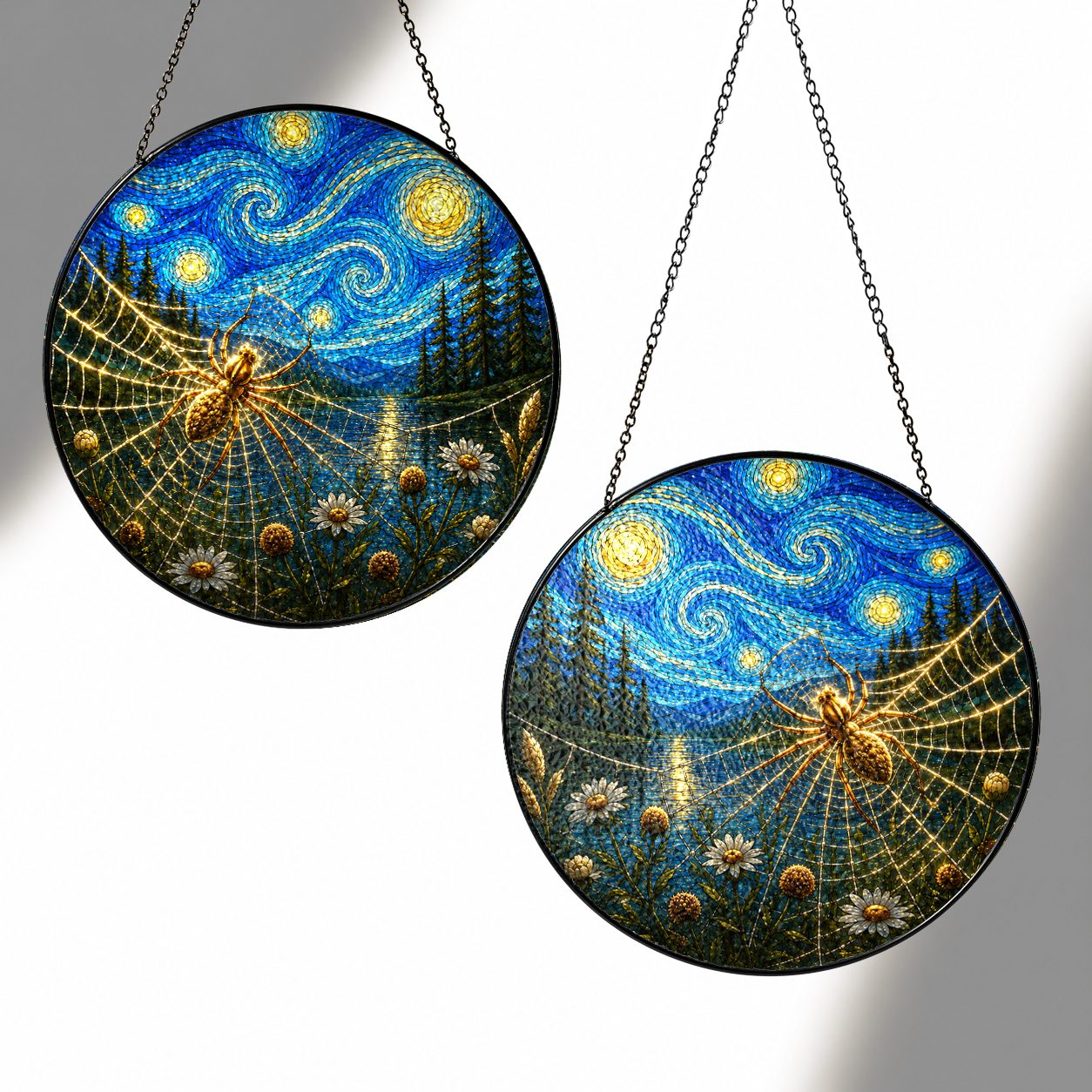 Two sizes of the spider web suncatcher side by side