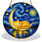 Starry Night cat sleeping on a crescent moon stained glass suncatcher with chain