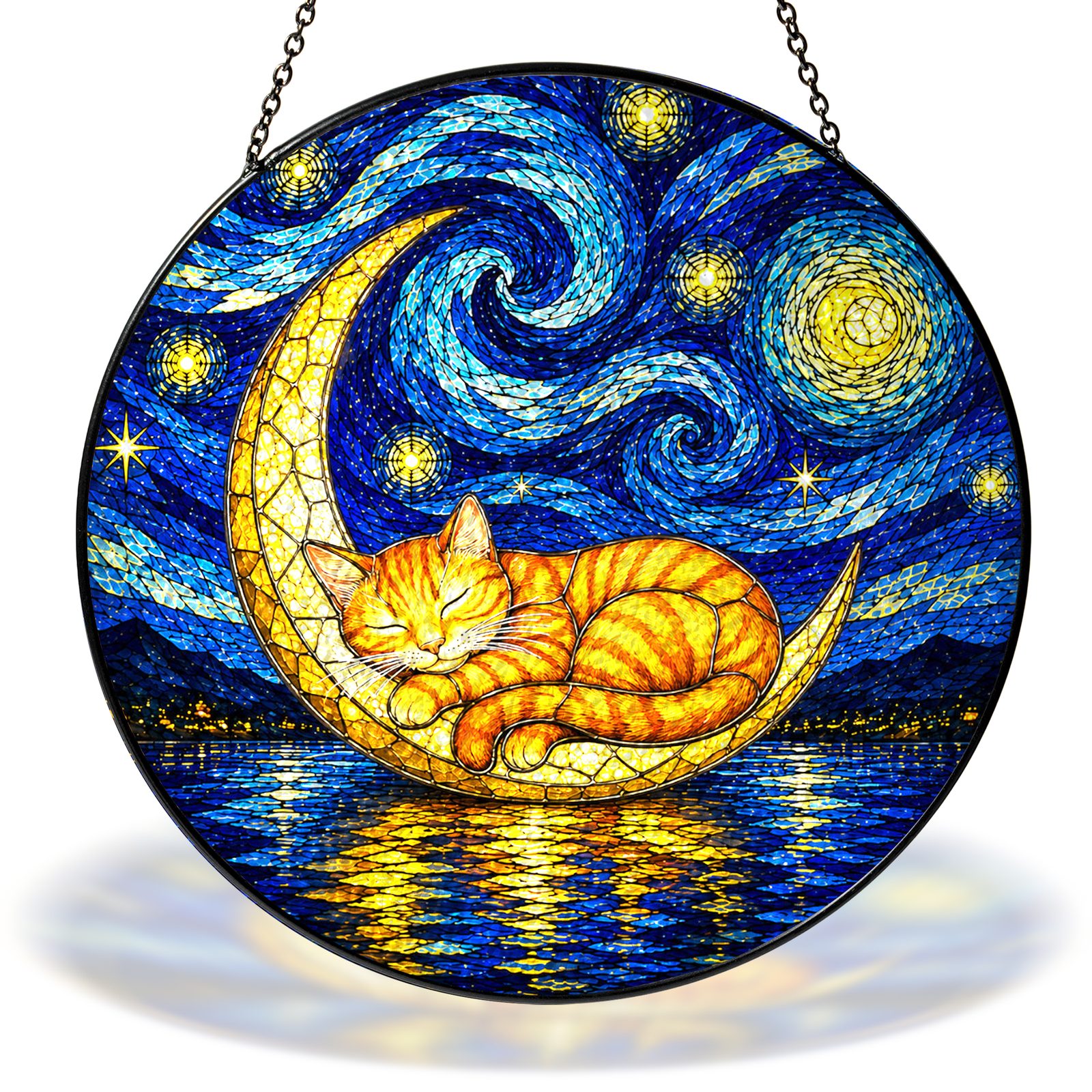 Starry Night cat sleeping on a crescent moon stained glass suncatcher with chain