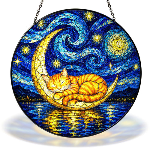 Starry Night cat sleeping on a crescent moon stained glass suncatcher with chain