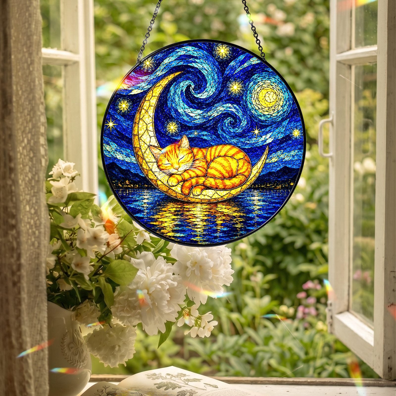 Cat moon suncatcher hanging in an open window