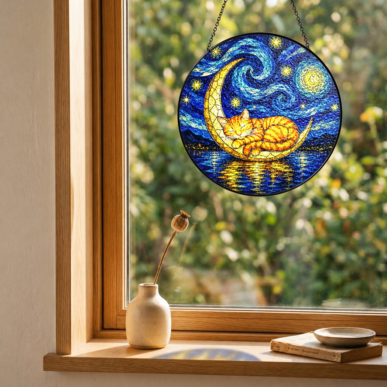 Cat moon suncatcher on a windowsill