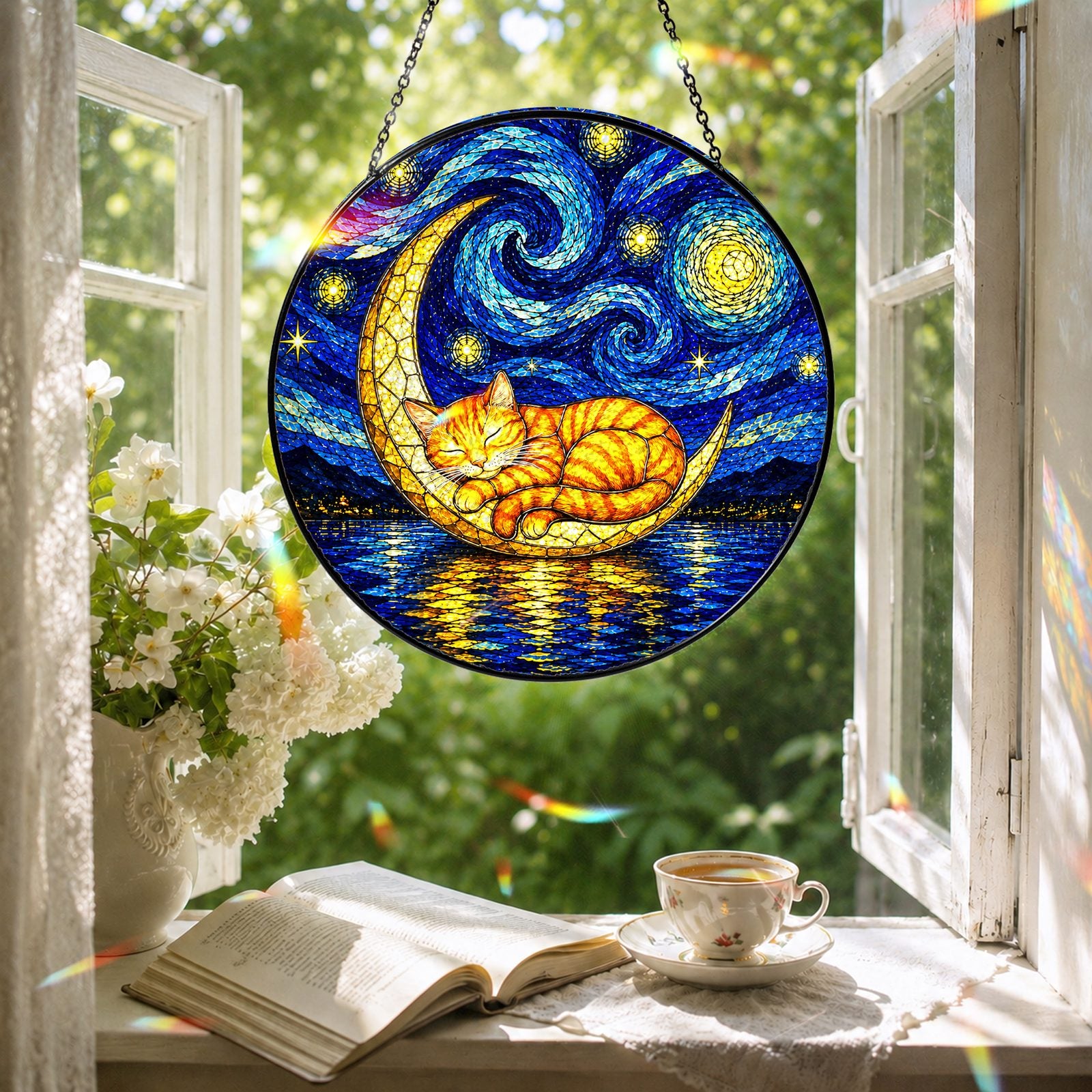 Cat moon suncatcher in a reading nook window
