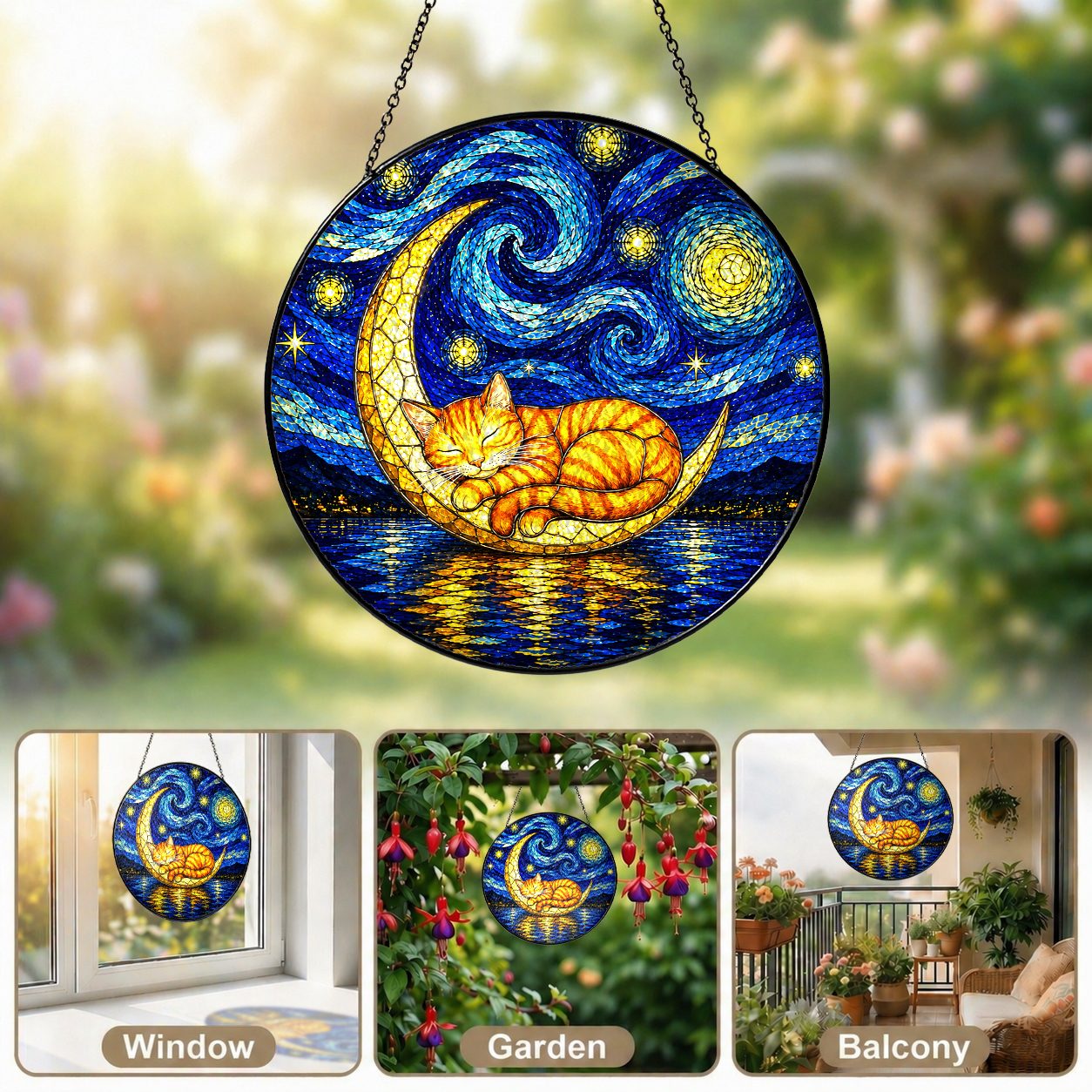 Cat moon suncatcher in window garden and balcony settings