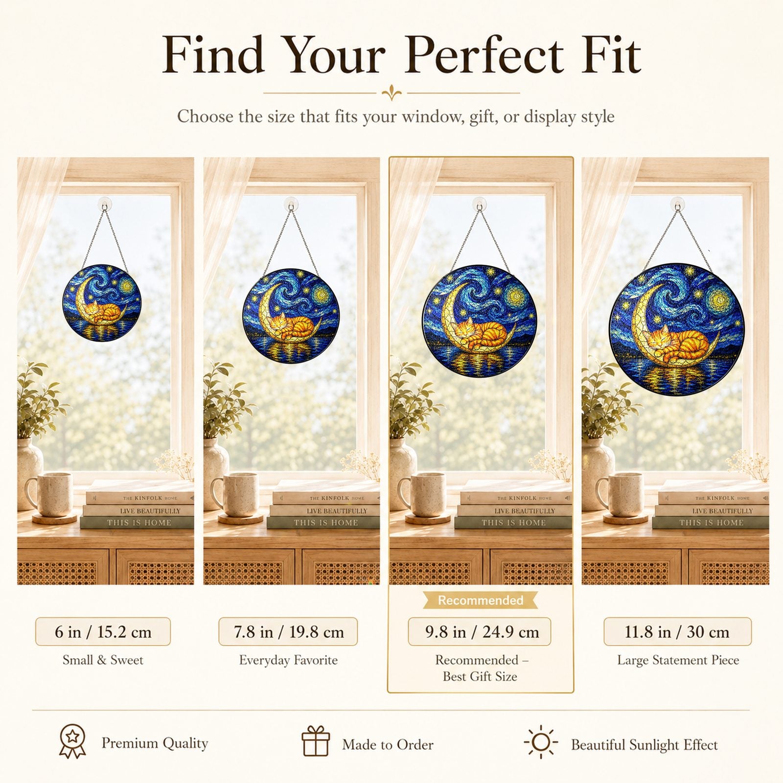 Size guide for the cat moon stained glass suncatcher