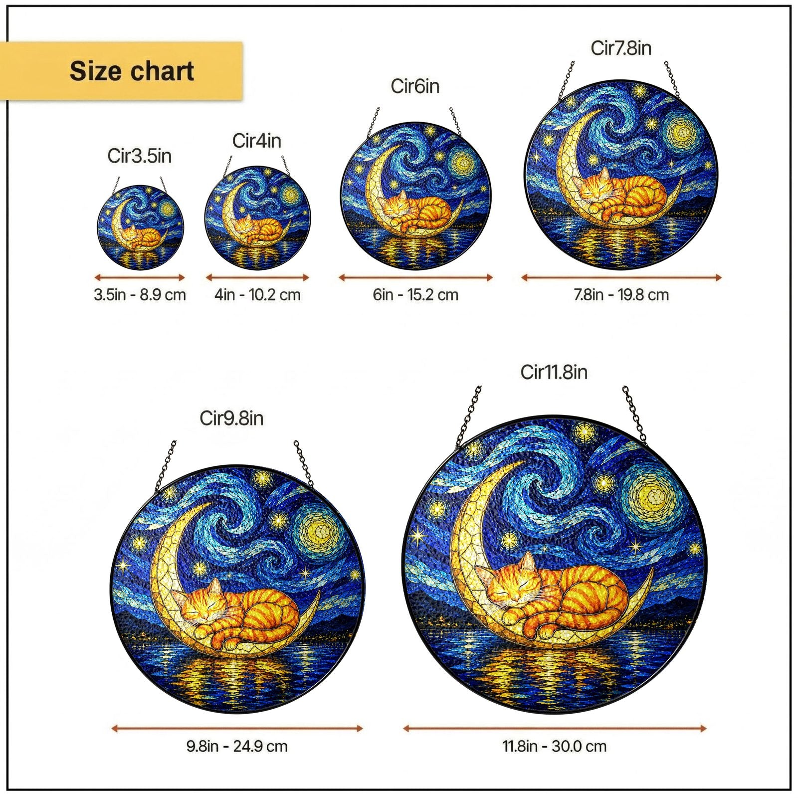 Size chart 6 in 7.8 in 9.8 in 11.8 in suncatcher