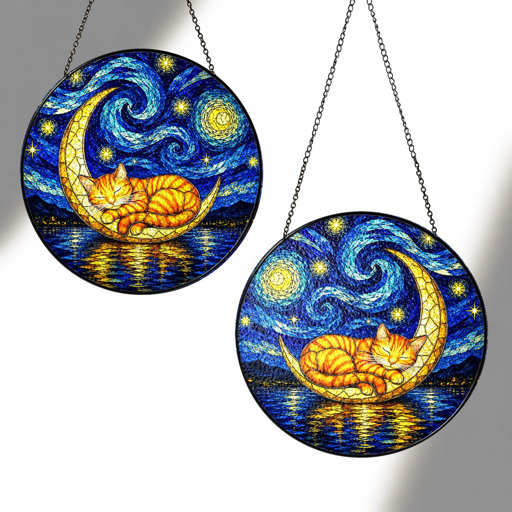 Two sizes of the cat moon suncatcher side by side