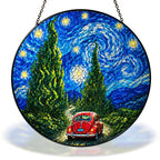 Starry Night red car on a cypress road stained glass suncatcher with chain