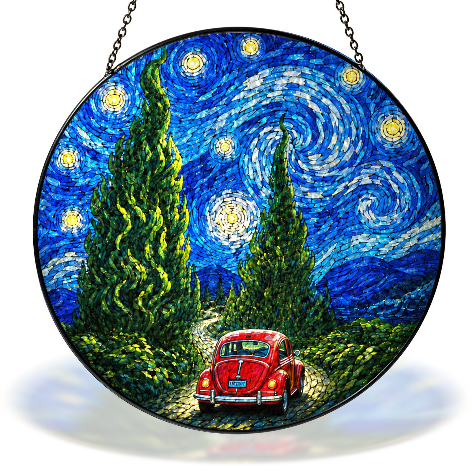 Starry Night red car on a cypress road stained glass suncatcher with chain