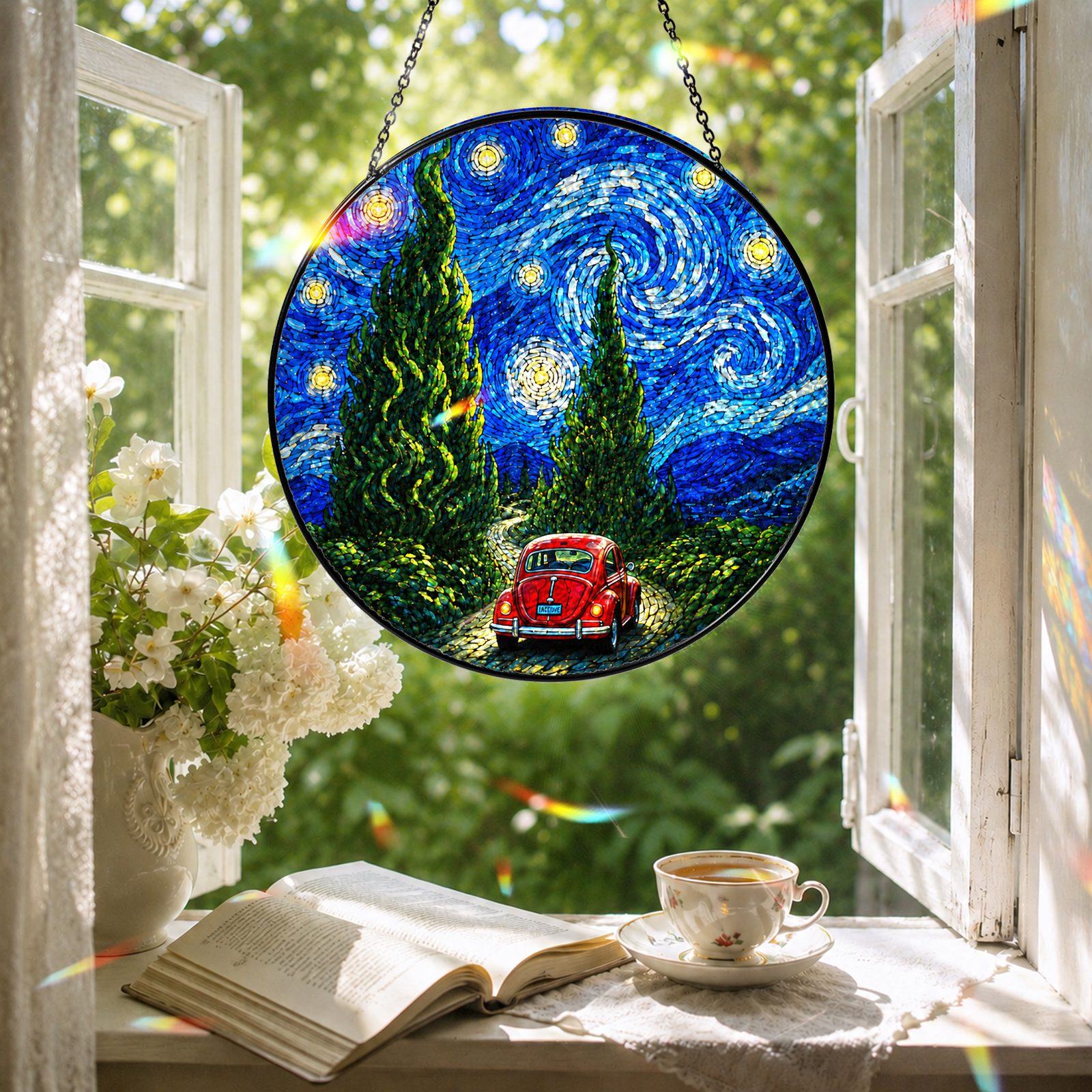 Red car suncatcher in a reading nook window