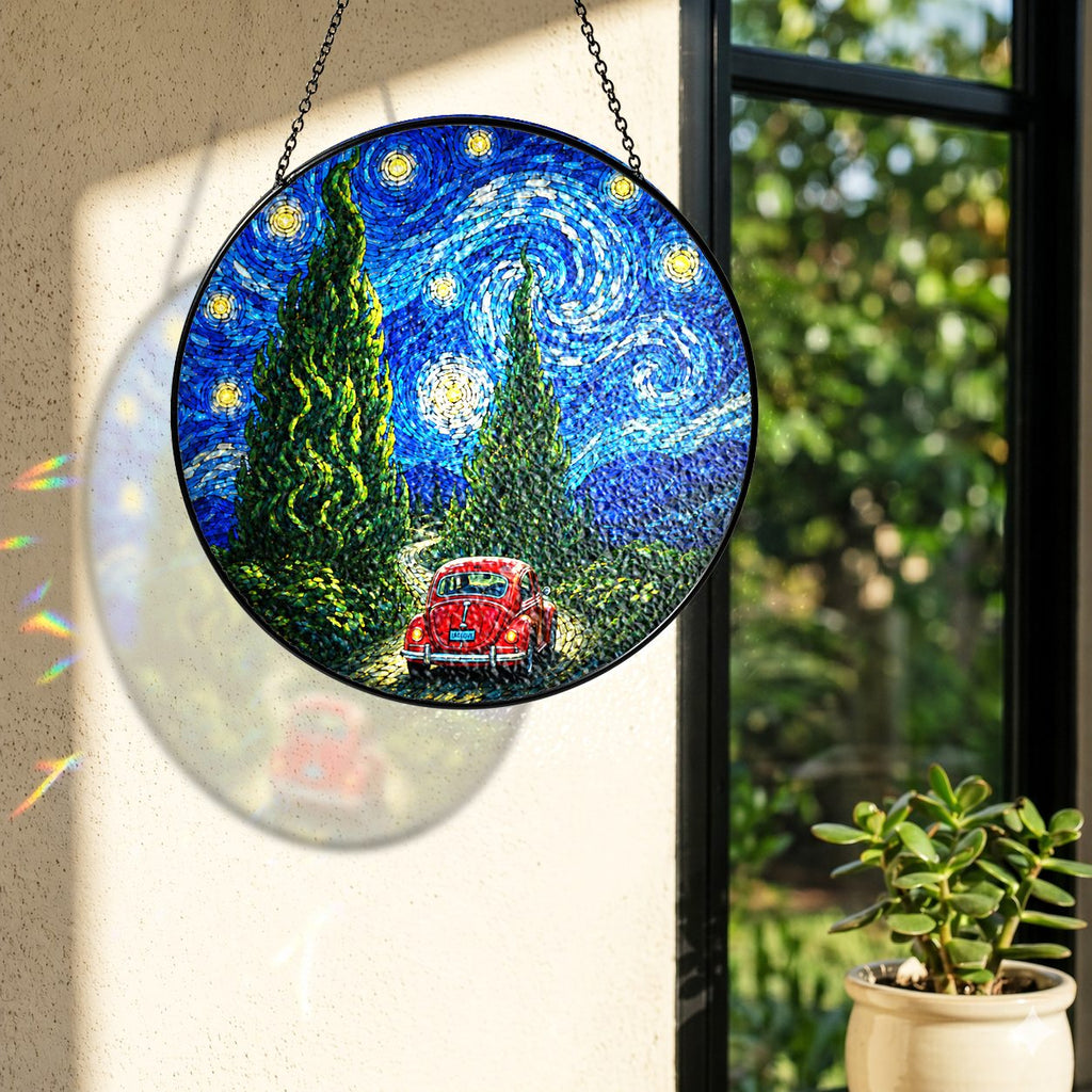 Rainbow light cast by the red car stained glass suncatcher