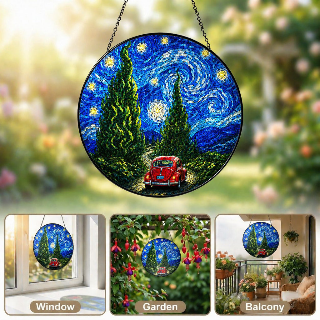 Red car suncatcher in window garden and balcony settings
