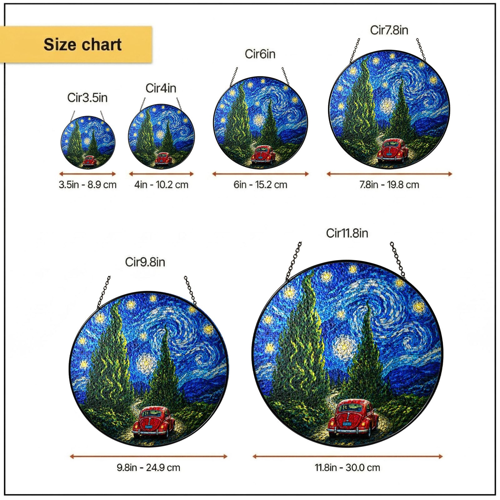 Size chart 6 in 7.8 in 9.8 in 11.8 in suncatcher