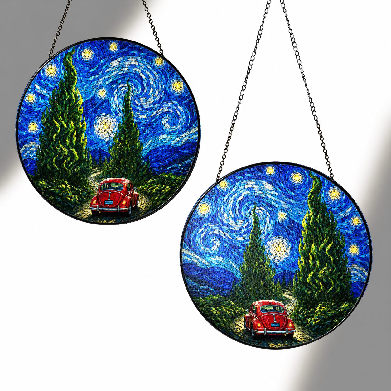 Two sizes of the red car suncatcher side by side