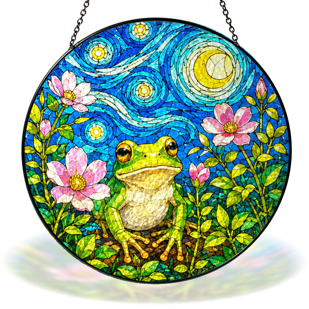 Starry Night frog with pink blossoms stained glass suncatcher with chain