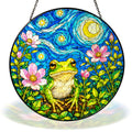 Starry Night frog with pink blossoms stained glass suncatcher with chain