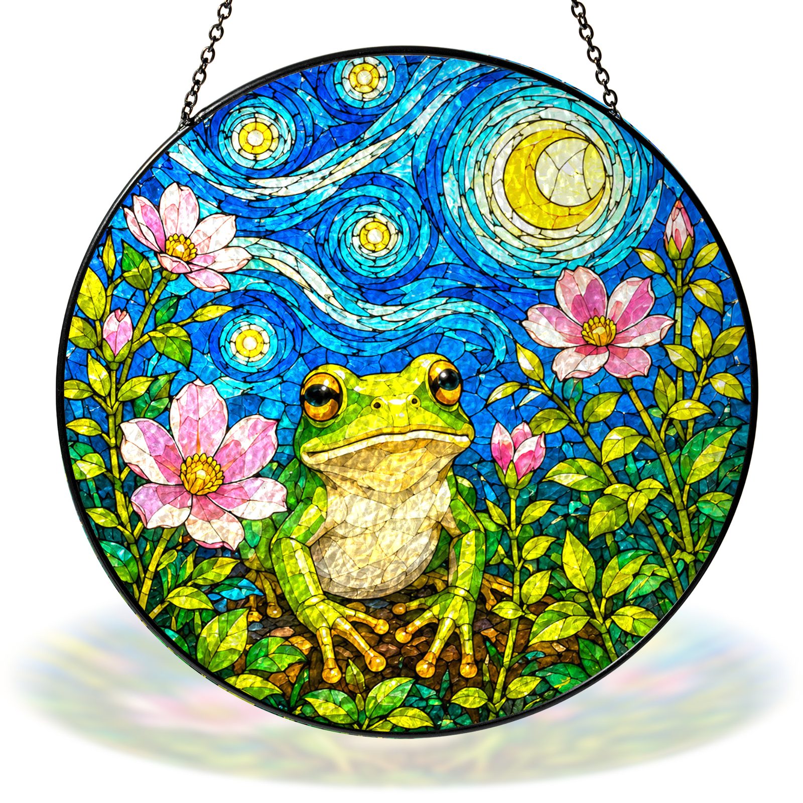Starry Night frog with pink blossoms stained glass suncatcher with chain