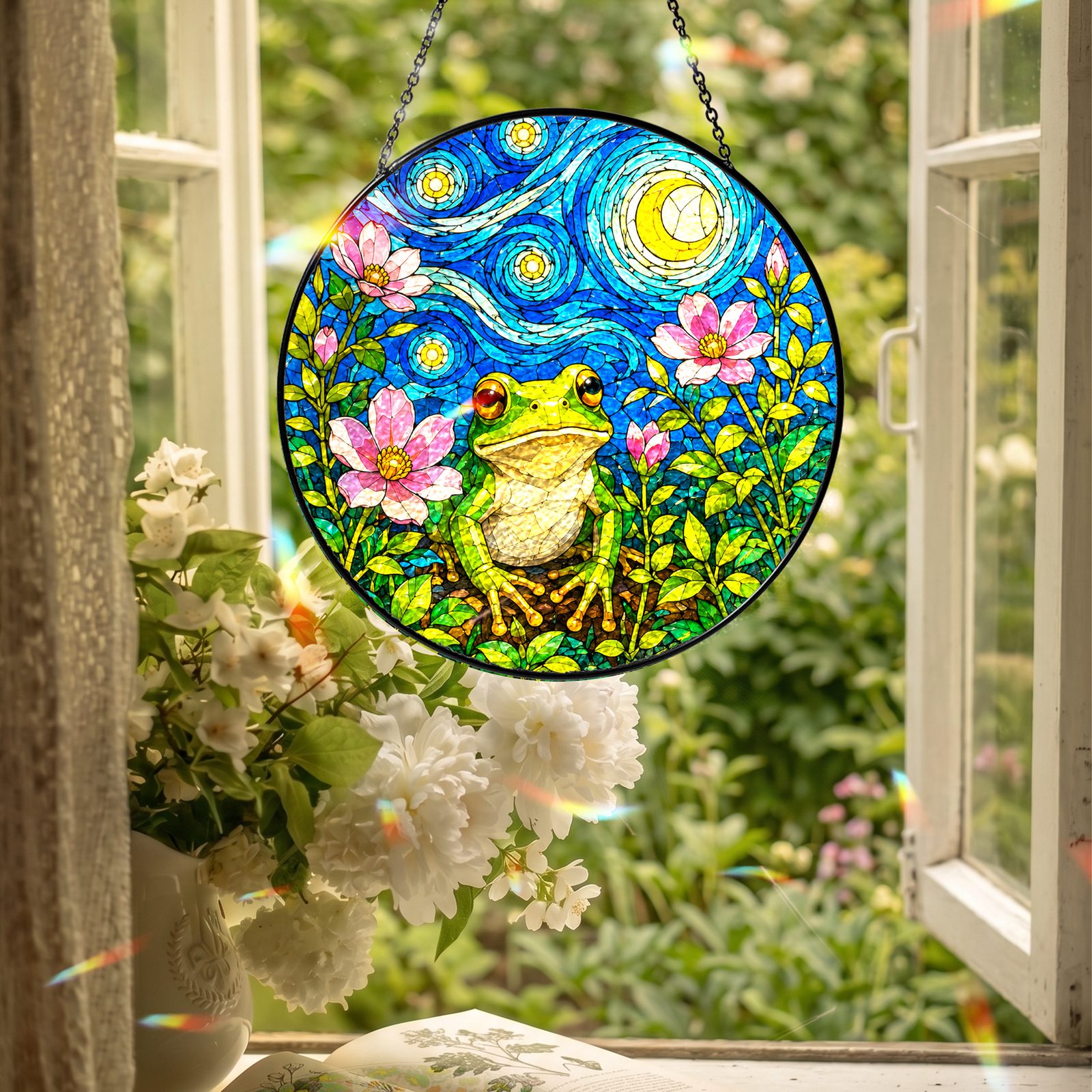Frog blossom suncatcher hanging in an open window