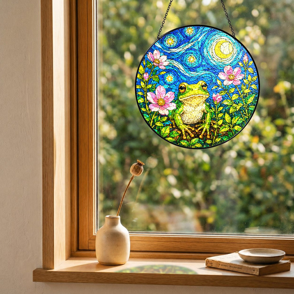 Frog blossom suncatcher on a windowsill