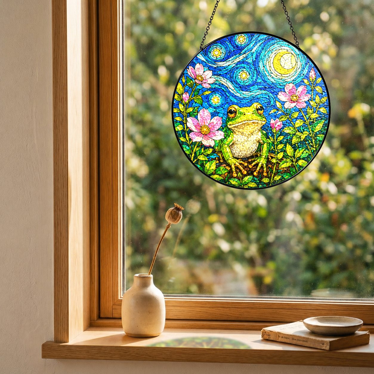 Frog blossom suncatcher on a windowsill